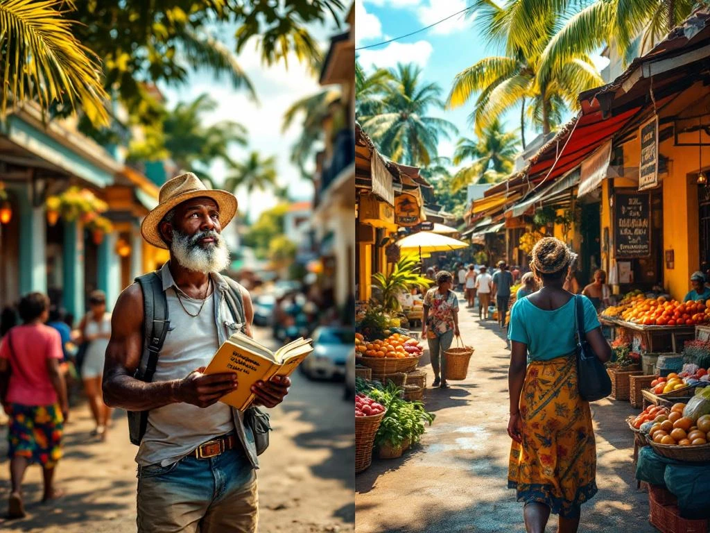 Toerist leert navigeren in Paramaribo: links verward met taalgids, rechts zelfverzekerd op lokale markt