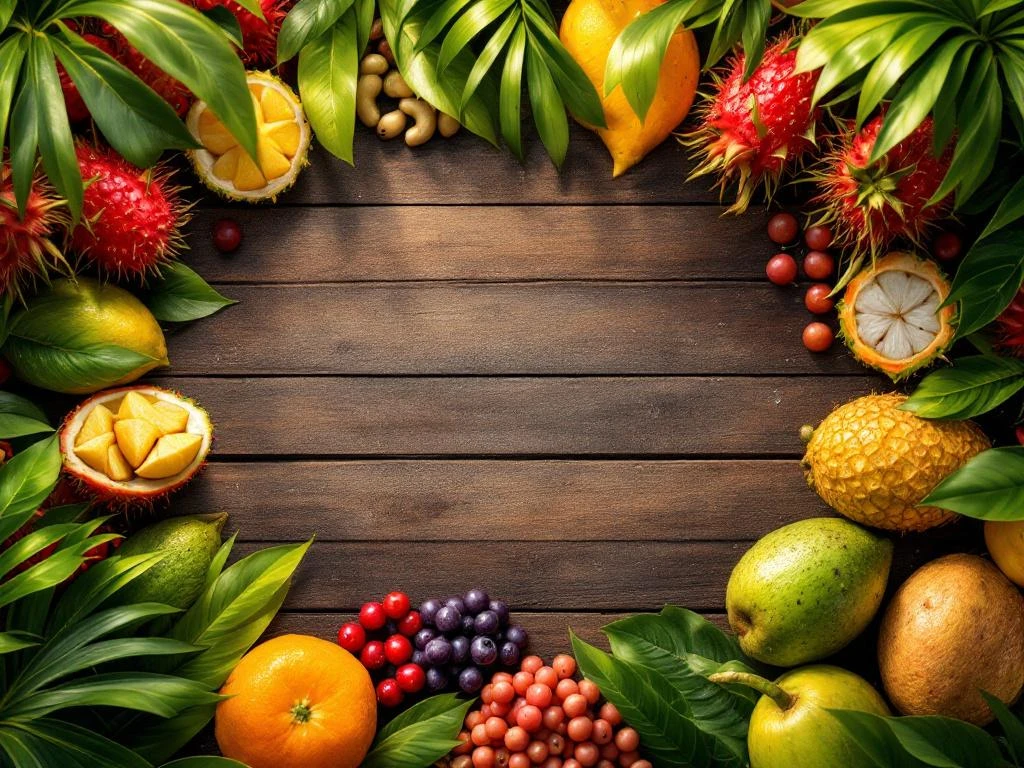 Tropisch fruit uit Suriname: rambutan, stervrucht, açaí, cashew en broodvrucht op houten ondergrond met bladeren