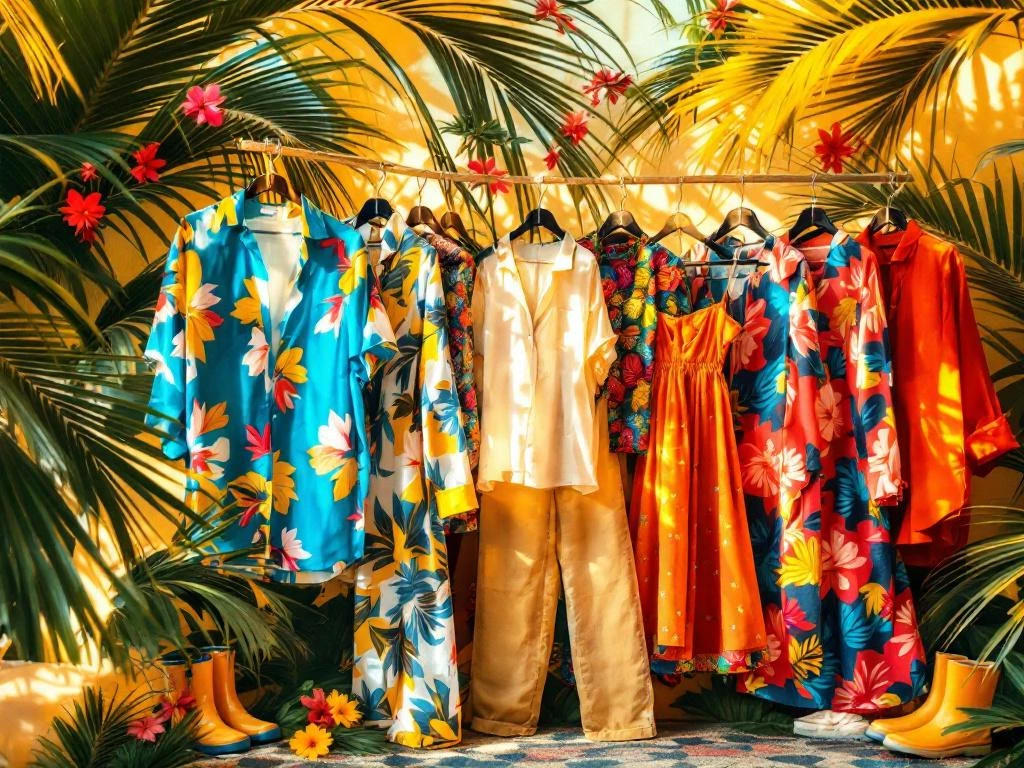 Kleurrijke tropische kleding display met lichte katoenen shirts, linnen broeken en jurken in Caribbean kleuren voor Suriname