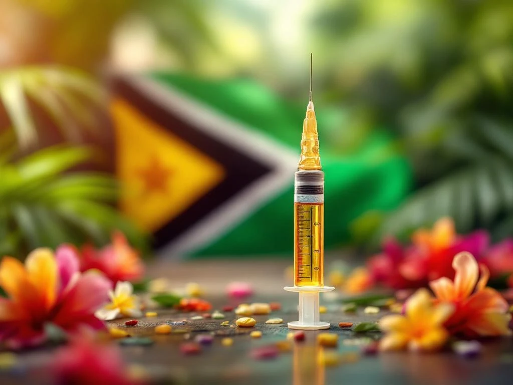 Medische spuit met gouden vaccin voor Surinaamse vlag met tropische palmbladeren en bloemen