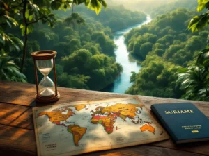 Luchtfoto van Suriname regenwoud met rivier, paspoort met visa en wereldkaart op houten tafel met zandloper