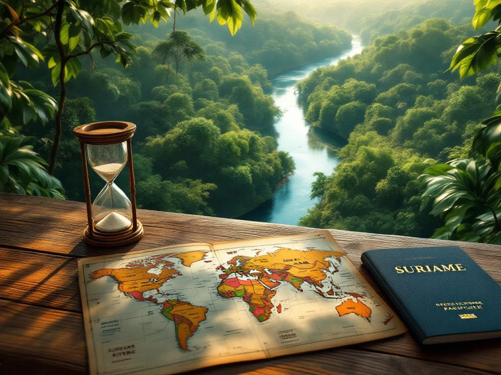 Luchtfoto van Suriname regenwoud met rivier, paspoort met visa en wereldkaart op houten tafel met zandloper
