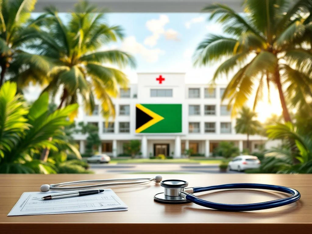 Modern ziekenhuis in Suriname met medische apparatuur op bureau, tropische vegetatie en Surinaamse vlag op achtergrond