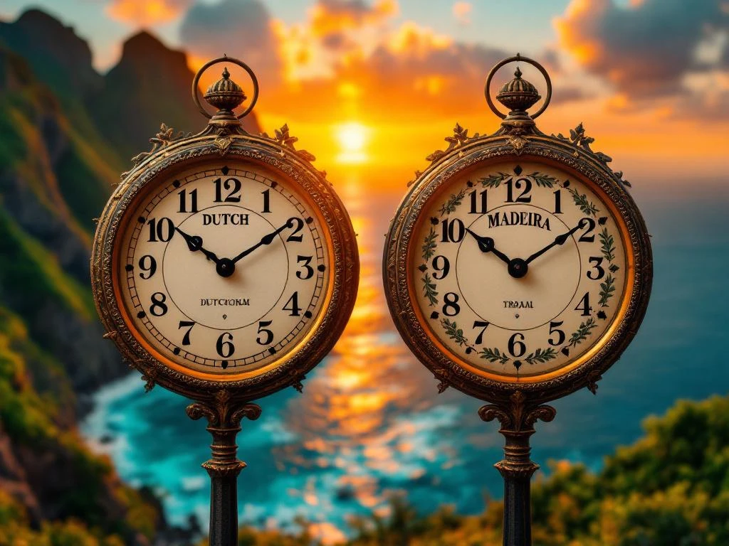Twee elegante analoge klokken tonen Nederlandse en Madeira tijd tegen zonsondergang boven Madeira's kustlijn