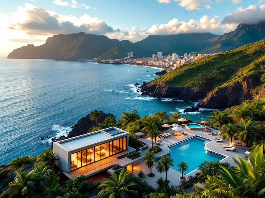 Luchtfoto van toegankelijk resort op Madeira's kustlijn met rolstoelvriendelijke paden en natuurlijke kliffen