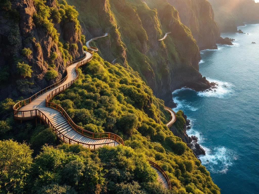 Toegankelijk houten wandelpad met rolstoelvriendelijke hellingen langs dramatische kustlijn van Madeira, Portugal
