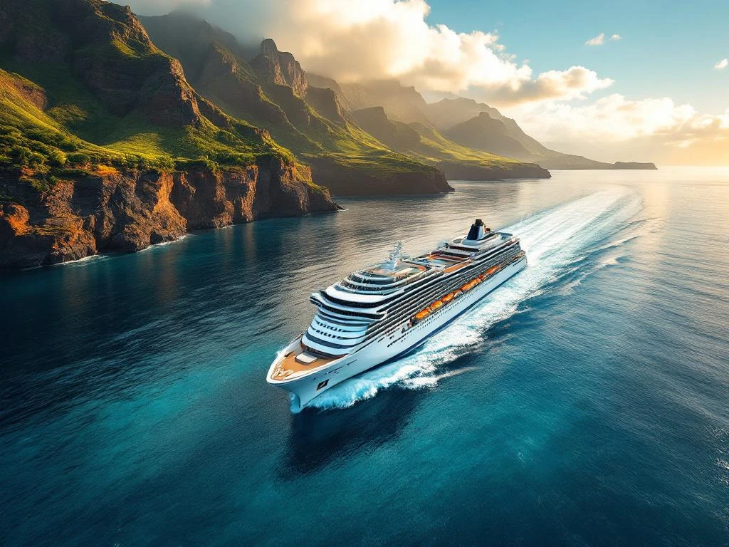 Moderne veerboot vaart door blauwe Atlantische wateren voor dramatische vulkanische kustlijn van Madeira eiland