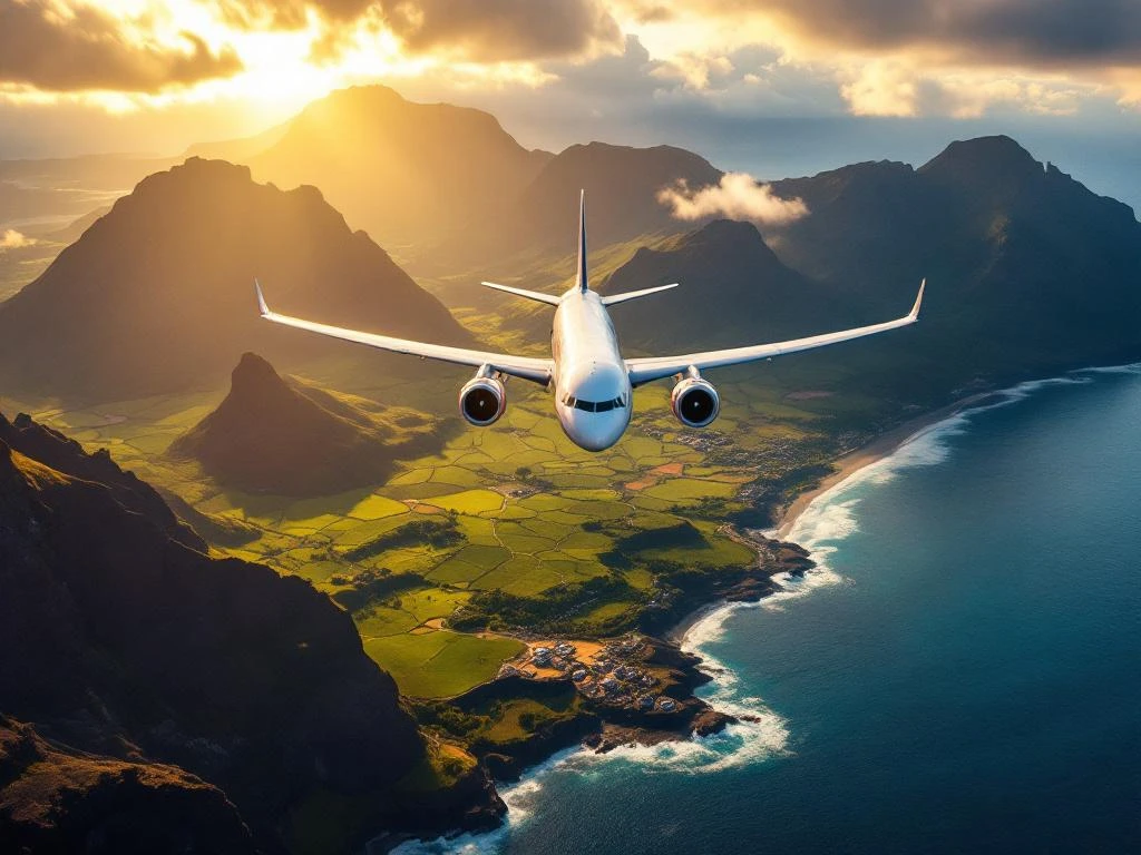 Vliegtuig vliegt boven Madeira's vulkanische landschap met groene valleien en kliffen tijdens gouden uur