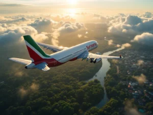 Commercieel vliegtuig met Surinaamse vlagkleuren vliegt boven Amazone regenwoud en rivier bij Paramaribo