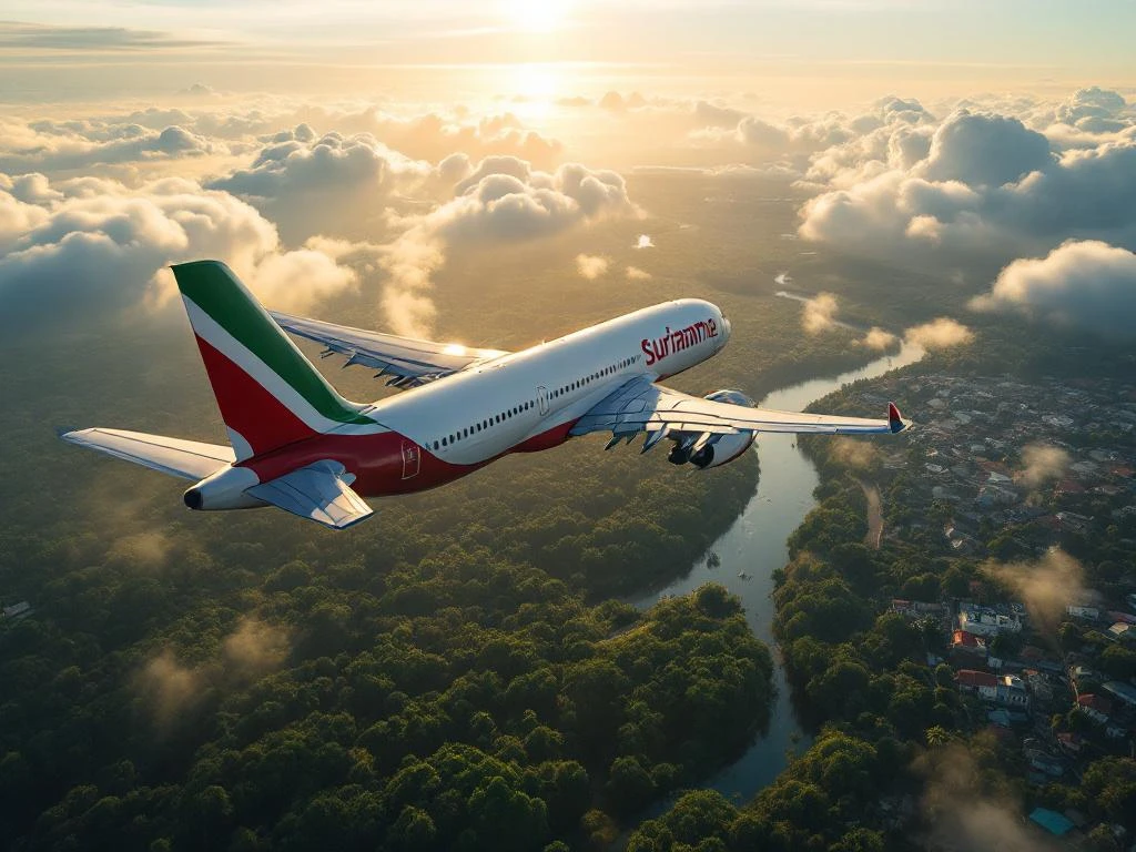 Commercieel vliegtuig met Surinaamse vlagkleuren vliegt boven Amazone regenwoud en rivier bij Paramaribo