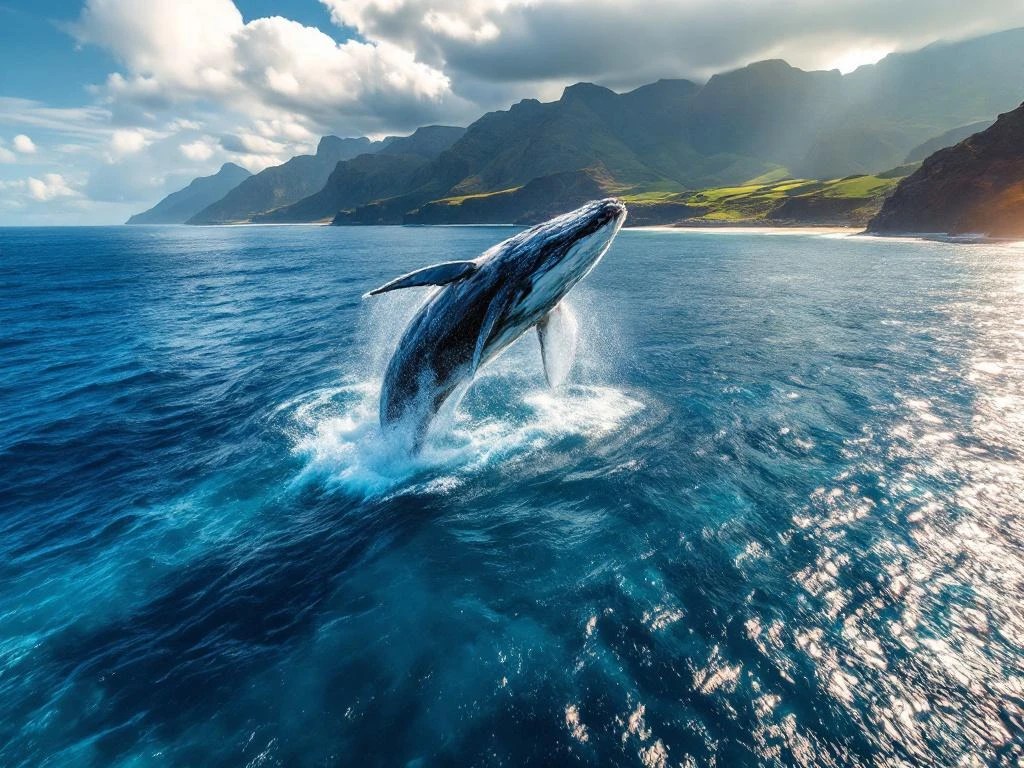 Bultrug springt uit de Atlantische Oceaan voor de dramatische vulkanische kust van Madeira, Portugal