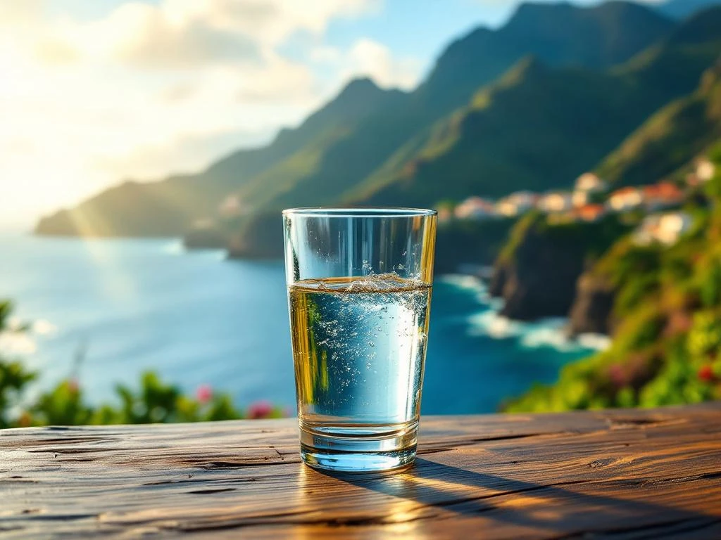 Kristalhelder glas water op houten tafel met Madeira's vulkanische kustlijn en groene bergen op de achtergrond
