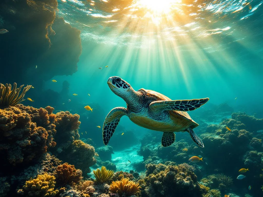 Zeeschildpad zwemt door heldere turquoise wateren voor de kust van Suriname met koraalriffen en tropische vissen