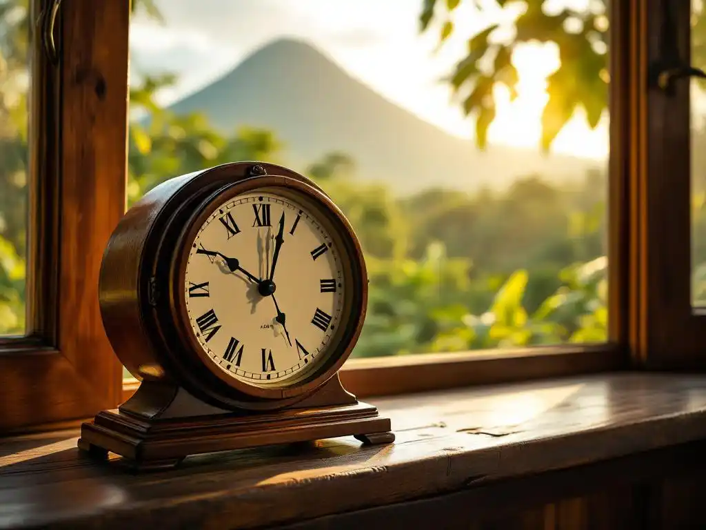 Antieke houten klok op vensterbank met Costa Ricaans regenwoud en vulkanische bergen op de achtergrond