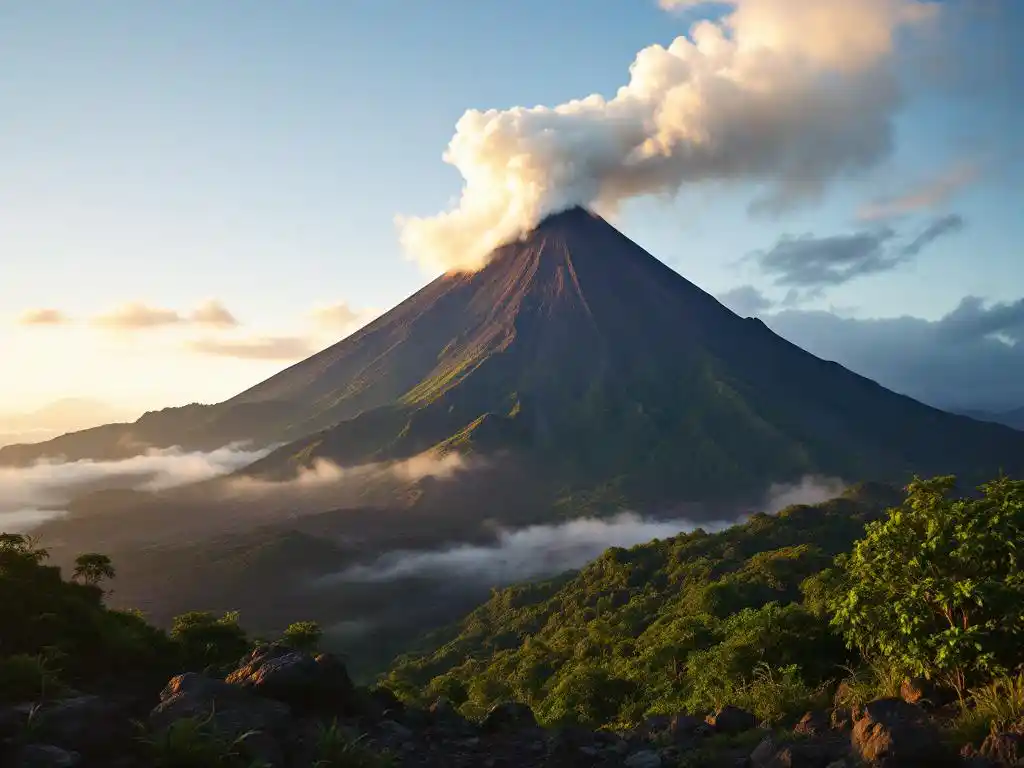 Arenal vulkaan met witte stoomwolk uit krater, groene regenwoud op hellingen, gouden avondlicht over berglandschap