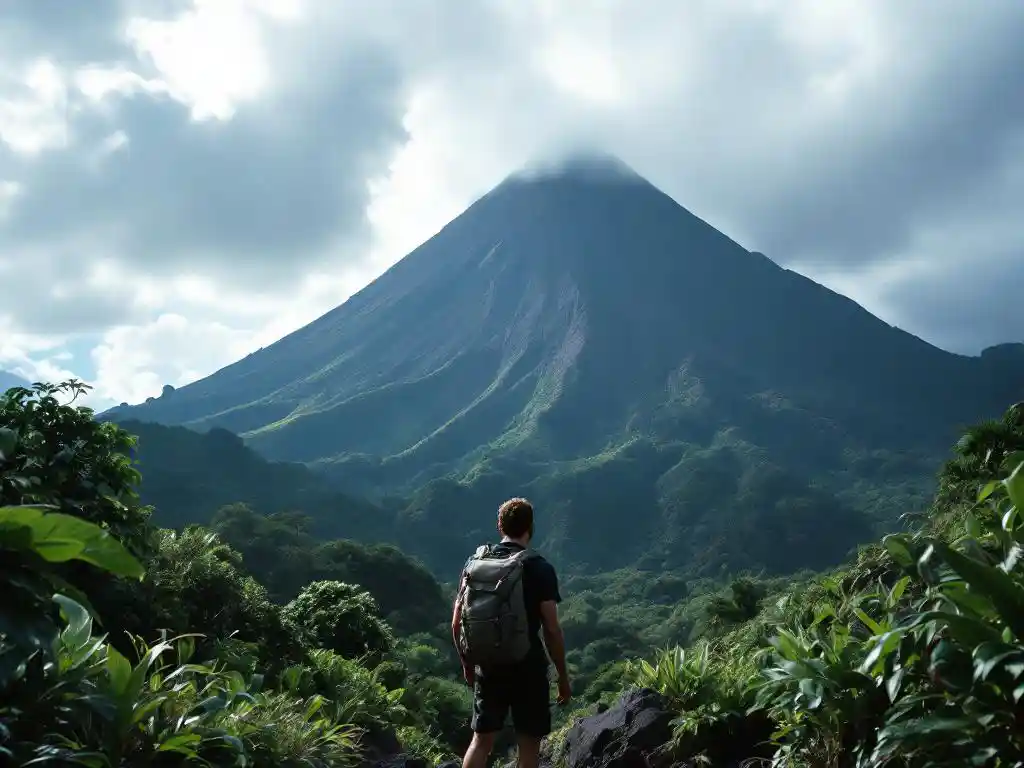 Wandelaar met rugzak kijkt omhoog naar de Arenal vulkaan in Costa Rica, omringd door regenwoud in ochtendlicht