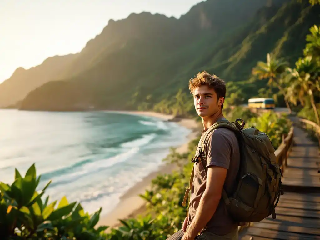 Jonge backpacker op houten pier bij Costa Ricaans strand met regenwoudbergen en kleurrijke bus op achtergrond
