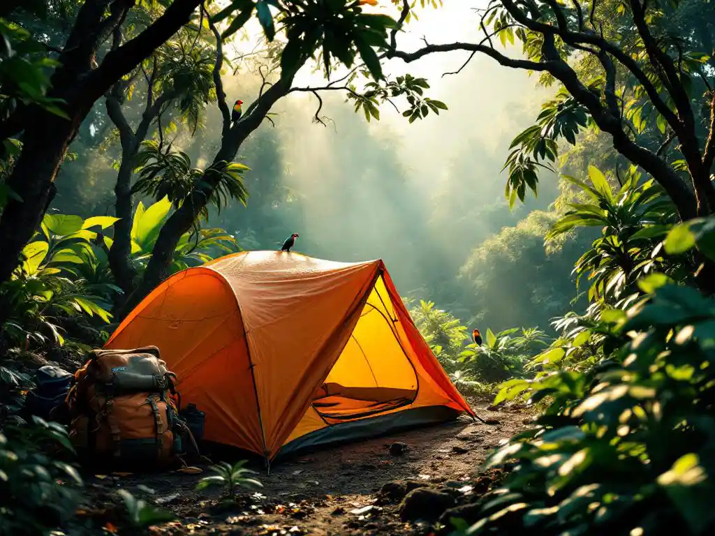 Oranje kampeertent in Costa Ricaanse regenwoud met toekans op takken, rugzak en kampeeruitrusting op bosgrond