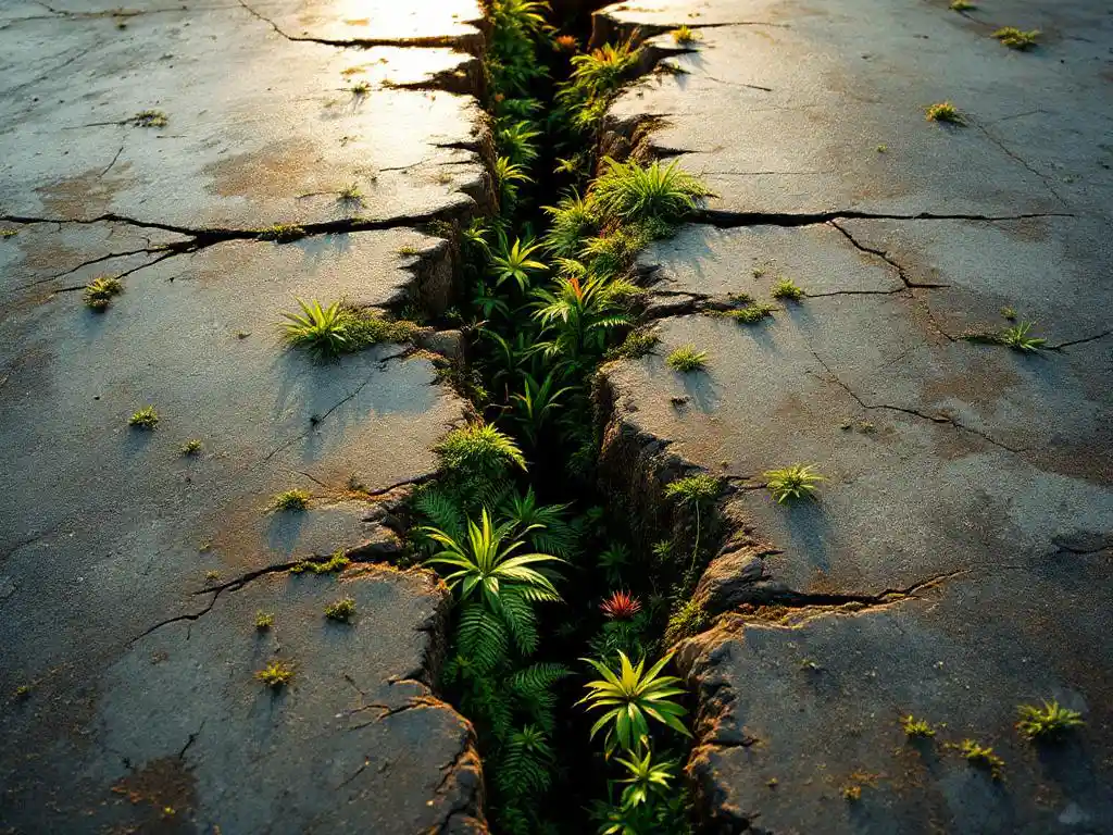 Dramatische scheur in verweerd beton met tropische Costa Ricaanse planten die doorheen groeien, bergen op achtergrond