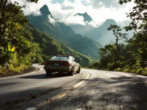 Auto rijdt over kronkelende bergweg door Costa Ricaans regenwoud met mistige pieken en gefilterd zonlicht