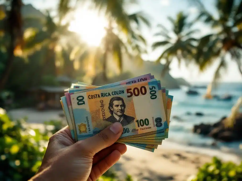 Hand houdt kleurrijke Costa Ricaanse colón bankbiljetten vast op tropisch strand met palmbomen en restaurant op achtergrond