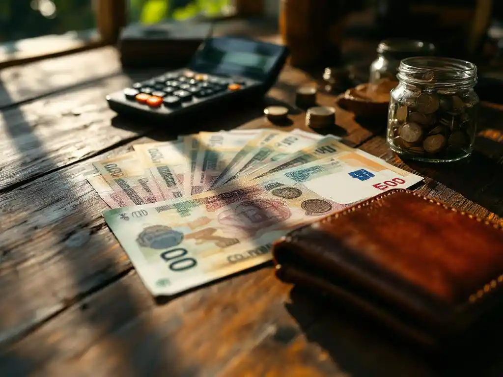 Costa Ricaanse colones bankbiljetten uitgespreid op houten tafel naast leren portemonnee, rekenmachine en muntenpot