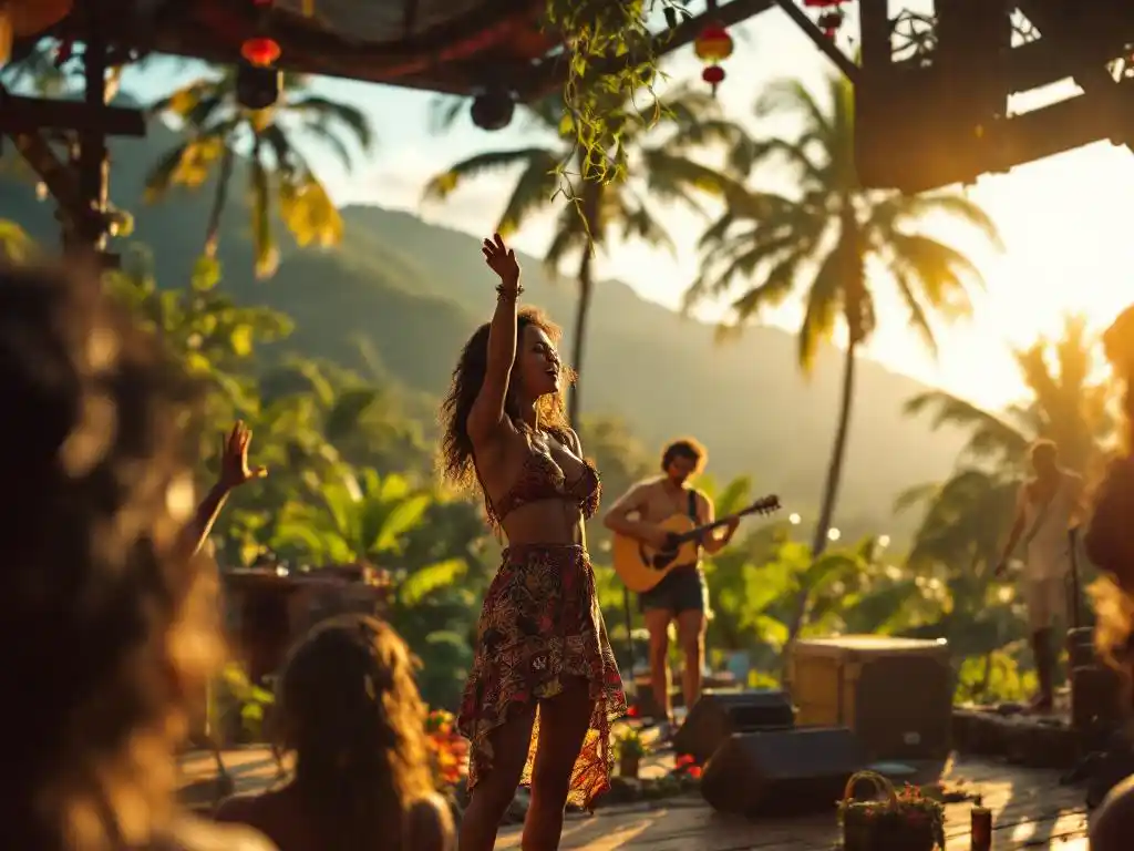 Gitarist treedt op tijdens openluchtconcert in Costa Rica met palmbomen, bergen en dansend publiek op de voorgrond