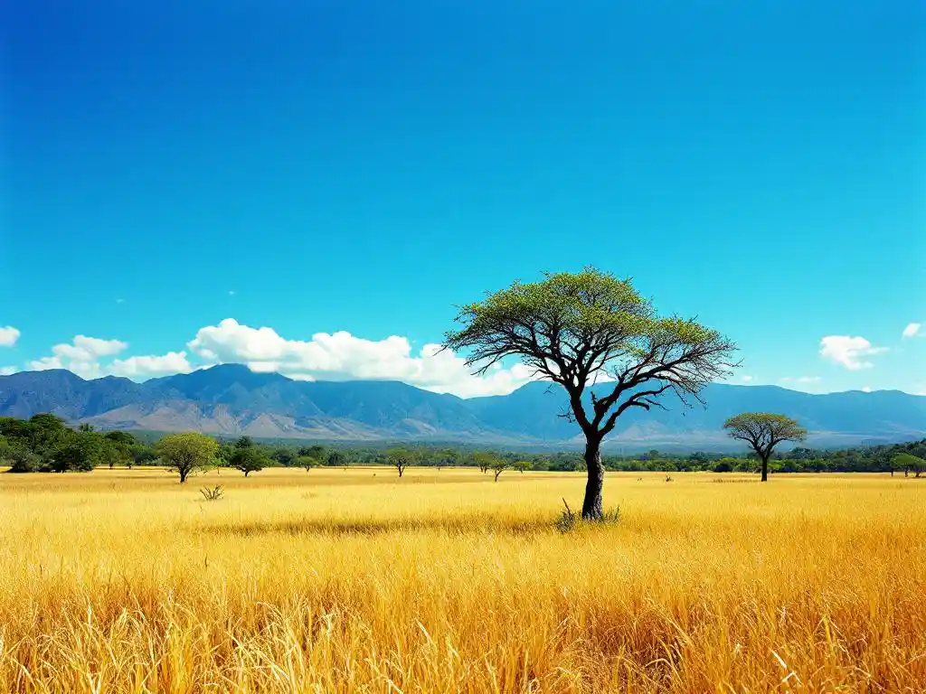 Cecropia-boom in gouden Costa Ricaanse droge seizoen landschap met bergen en blauwe lucht op de achtergrond