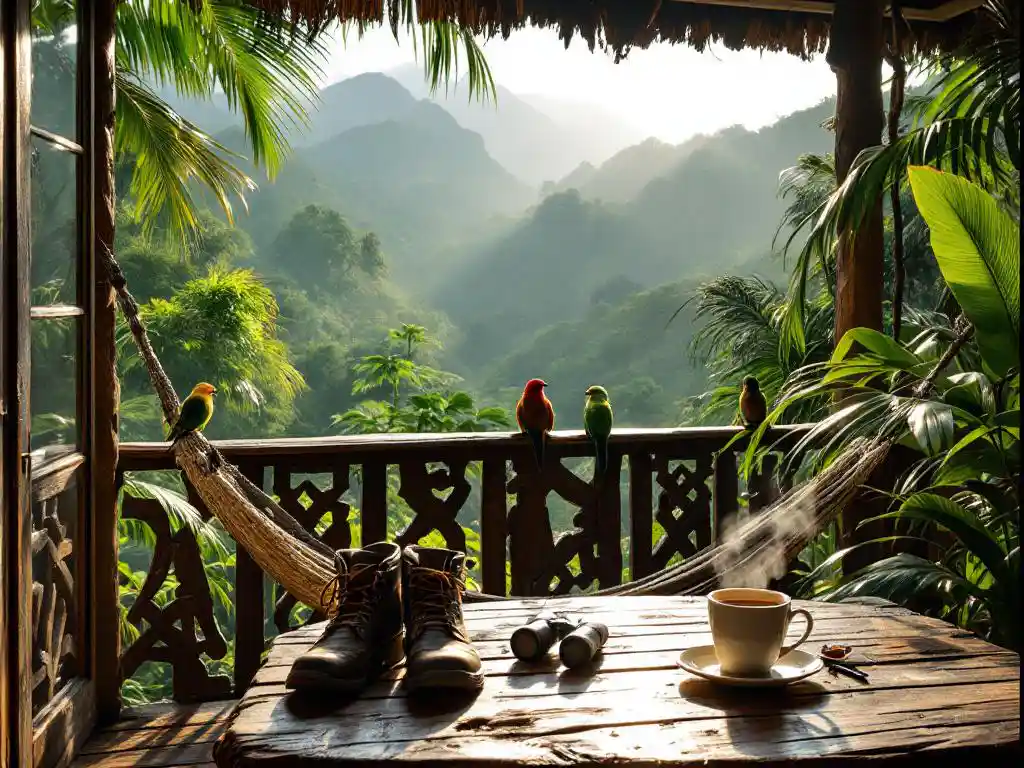 Luxe eco-lodge in Costa Ricaanse regenwoud met hangmat op balkon, bergzicht en tropische vogels bij zonsopgang