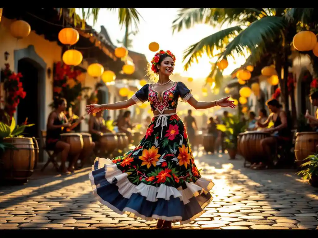Vrouw in kleurrijke geborduurd jurk danst op Costa Ricaans festival met marimba muzikanten en tropische decoratie