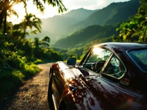 Huurauto met Costaricaanse kentekenplaten geparkeerd op bergweg met tropisch regenwoud en mistige bergen op achtergrond