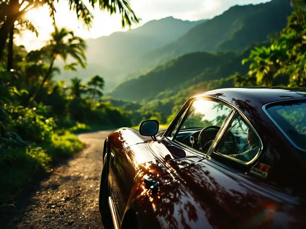 Huurauto met Costaricaanse kentekenplaten geparkeerd op bergweg met tropisch regenwoud en mistige bergen op achtergrond