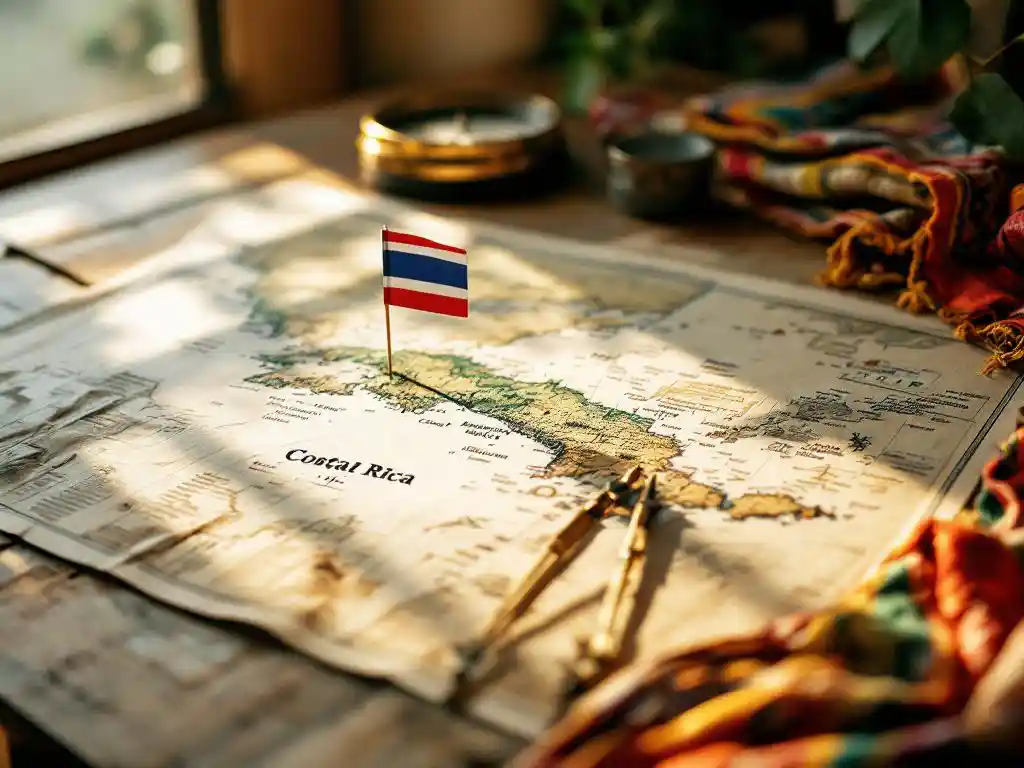 Topografische kaart van Midden-Amerika met Costa Ricaanse vlag, kompas en traditionele textiel op houten tafel