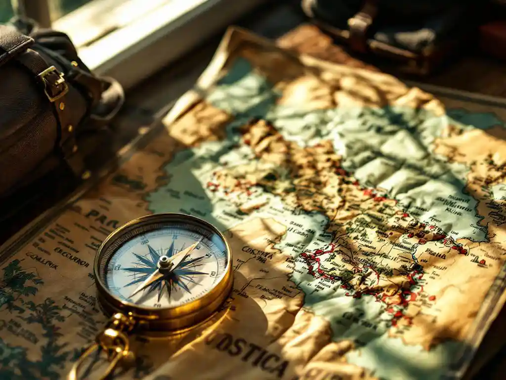 Versleten reiskaart van Costa Rica op houten tafel met vintage kompas op Pacifische kust, rugzak en zonlicht zichtbaar