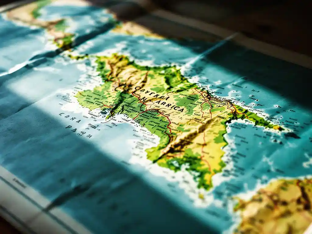 Fysieke kaart van Midden-Amerika op houten tafel met Costa Rica in groen gemarkeerd, Nicaragua en Panama zichtbaar