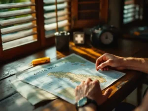 Reiziger bestudeert kaart van Costa Rica aan houten tafel met veiligheidsfluitje en EHBO-kit in tropisch avondlicht