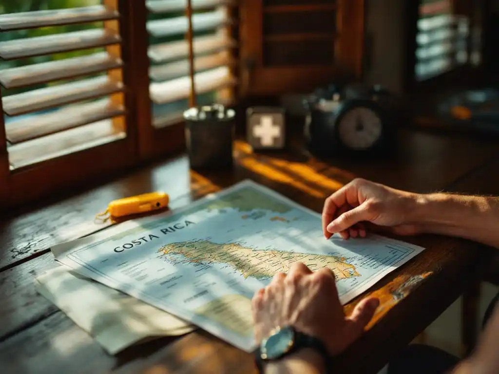 Reiziger bestudeert kaart van Costa Rica aan houten tafel met veiligheidsfluitje en EHBO-kit in tropisch avondlicht