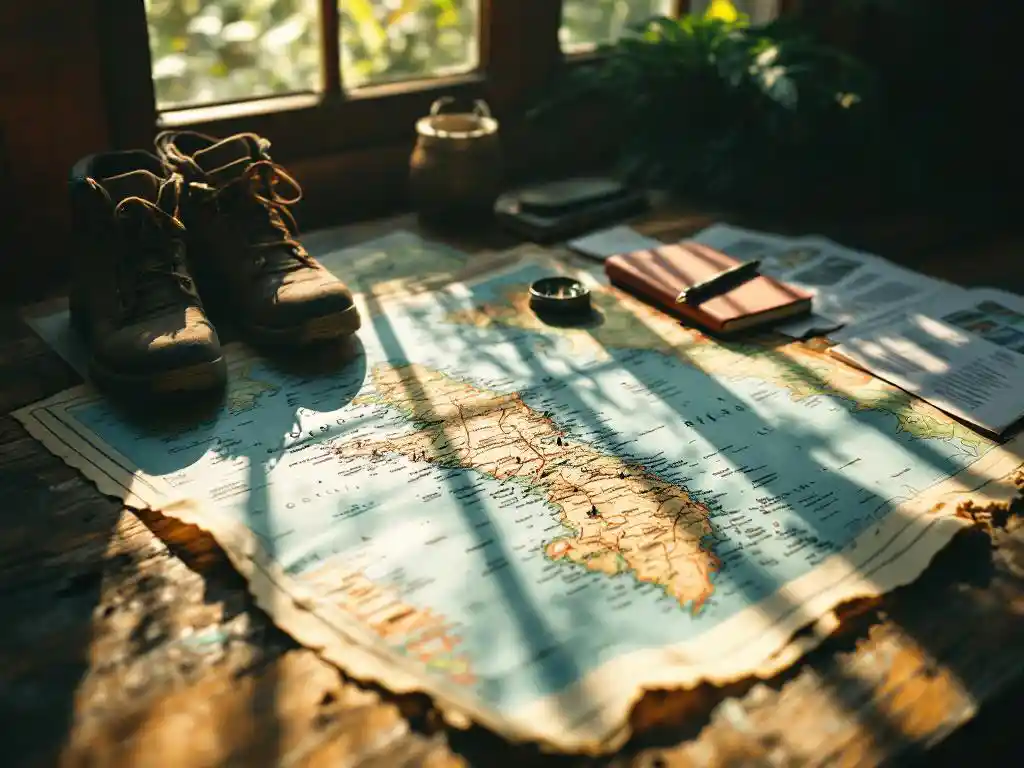 Vintage kaart van Costa Rica op houten tafel met wandelschoenen, kompas en notitieboek in gouden zonlicht