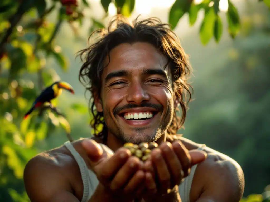 Glimlachende Costa Ricaanse koffieboer toont verse koffieboon in tropisch regenwoud met toekan op tak