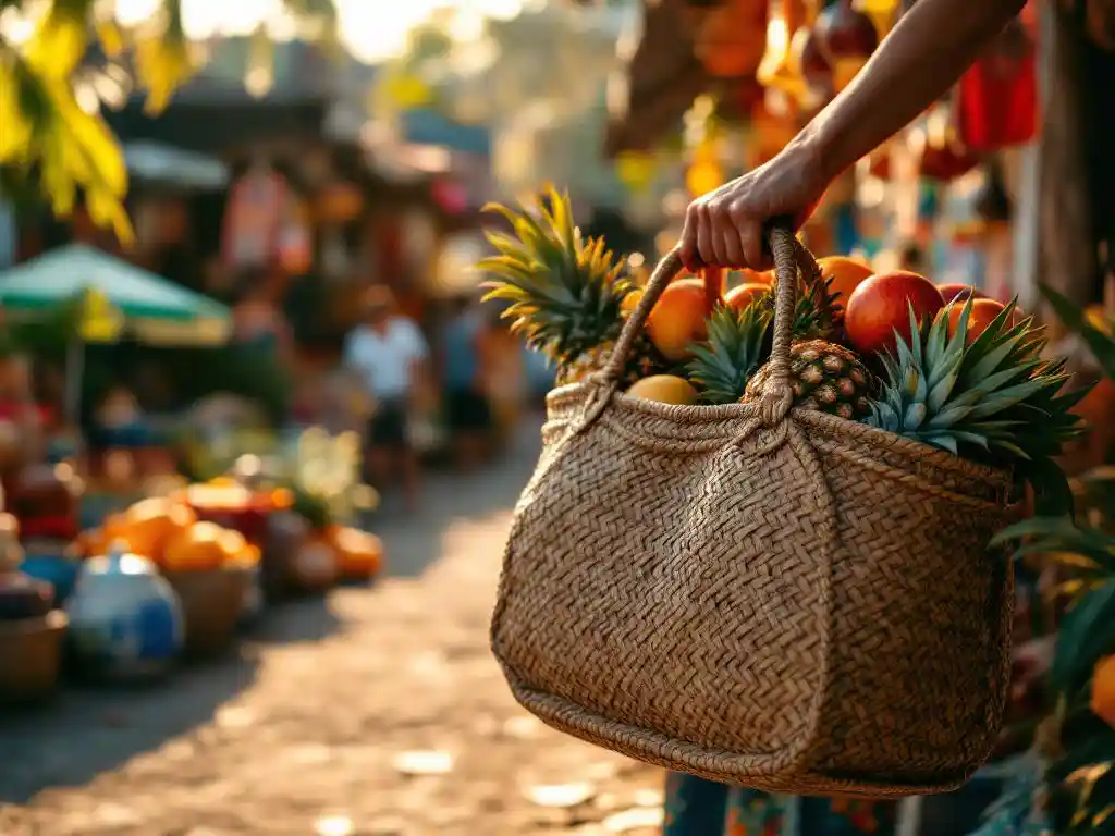 Gevlochten mand vol tropisch fruit, koffiebonen en handwerk op kleurrijke Costa Ricaanse markt bij zonsondergang