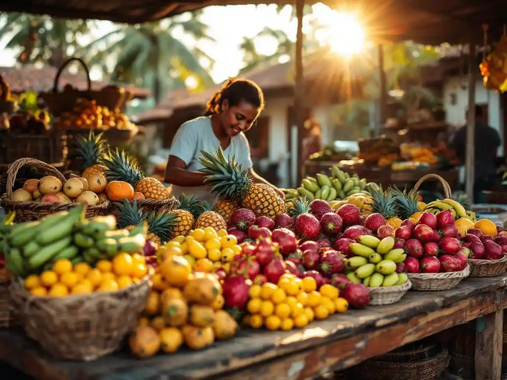 Costa Ricaanse marktverkoper schikt verse tropische vruchten zoals ananas en drakenvrucht op houten tafel