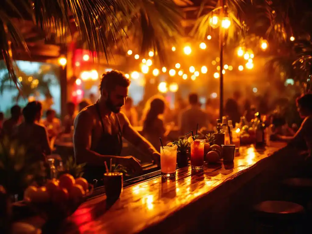 Bartender maakt kleurrijke cocktails in levendige Costa Ricaanse nachtclub met tropische verlichting en dansende mensen