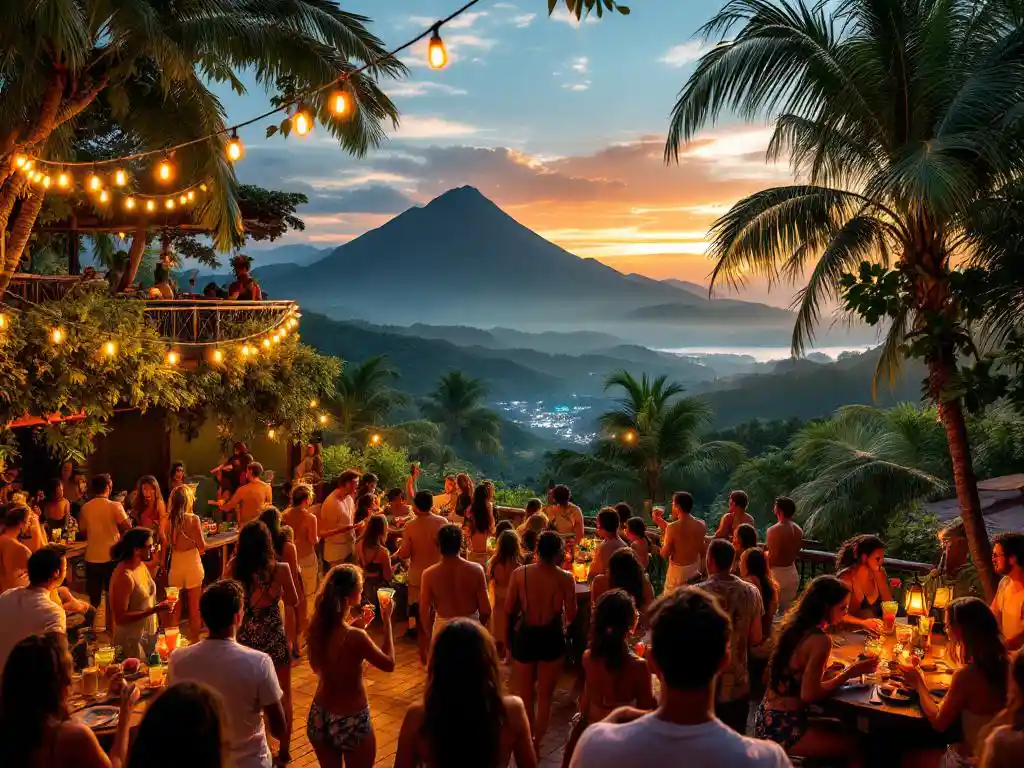 Levendige Costa Ricaanse nachtclub met dansende mensen op terras, tropische bergen en zonsondergang op achtergrond