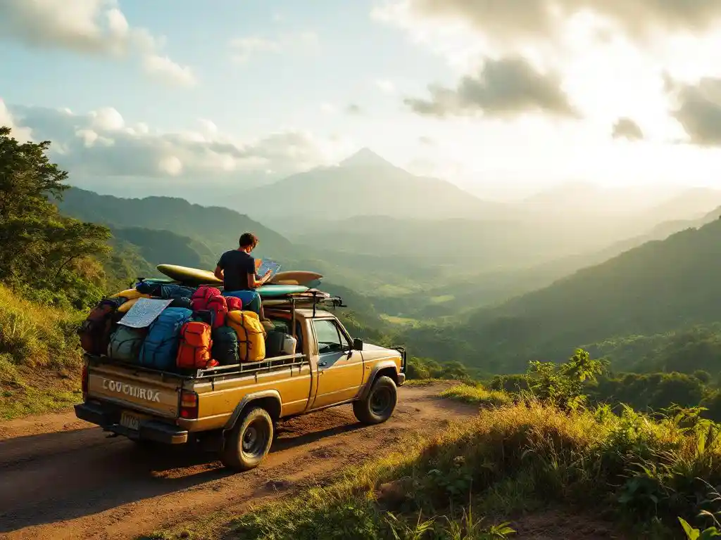 Verweerde pickup truck met rugzakken en surfplanken op bergweg, reiziger bekijkt kaart, Costa Ricaans regenwoud op achtergrond