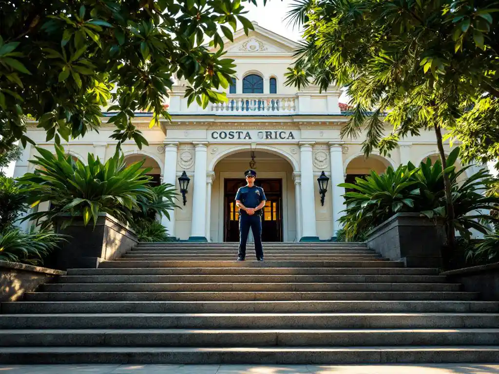 Politieagent in blauw uniform staat voor Costa Ricaans overheidsgebouw omringd door tropische vegetatie