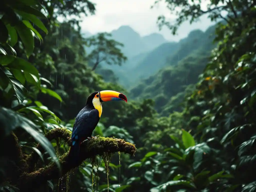 Kleurrijke toekan op mosbegroeid takje in weelderig Costa Ricaans regenwoud met mistige bergen op achtergrond