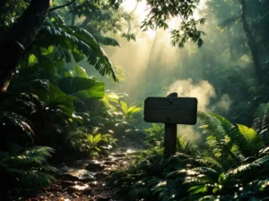 Tropisch regenwoud in Costa Rica tijdens regenbui met glinsterende bladeren en gouden licht door mistige lucht