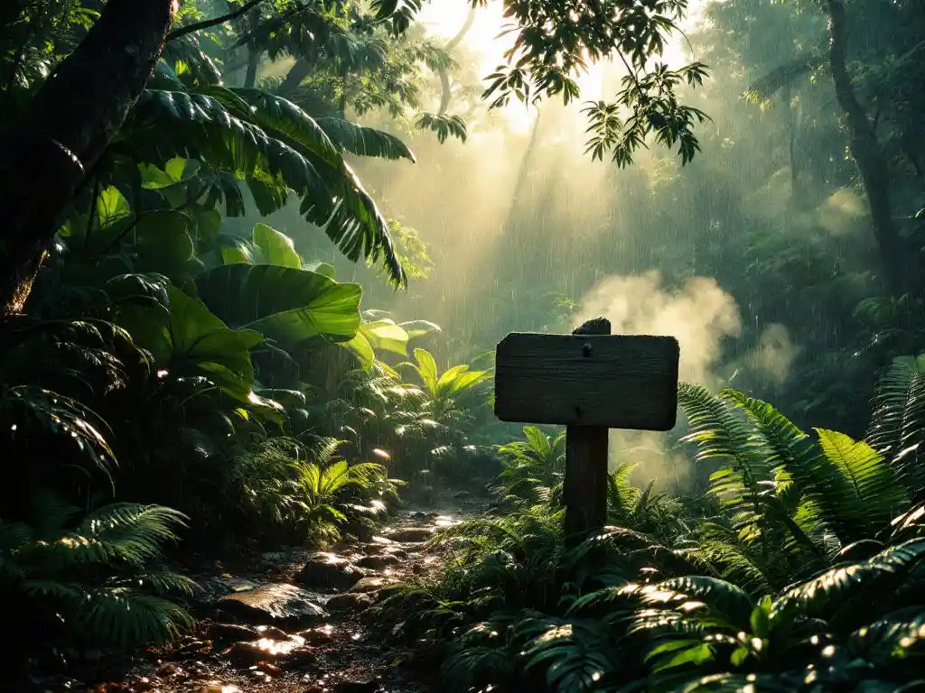 Tropisch regenwoud in Costa Rica tijdens regenbui met glinsterende bladeren en gouden licht door mistige lucht