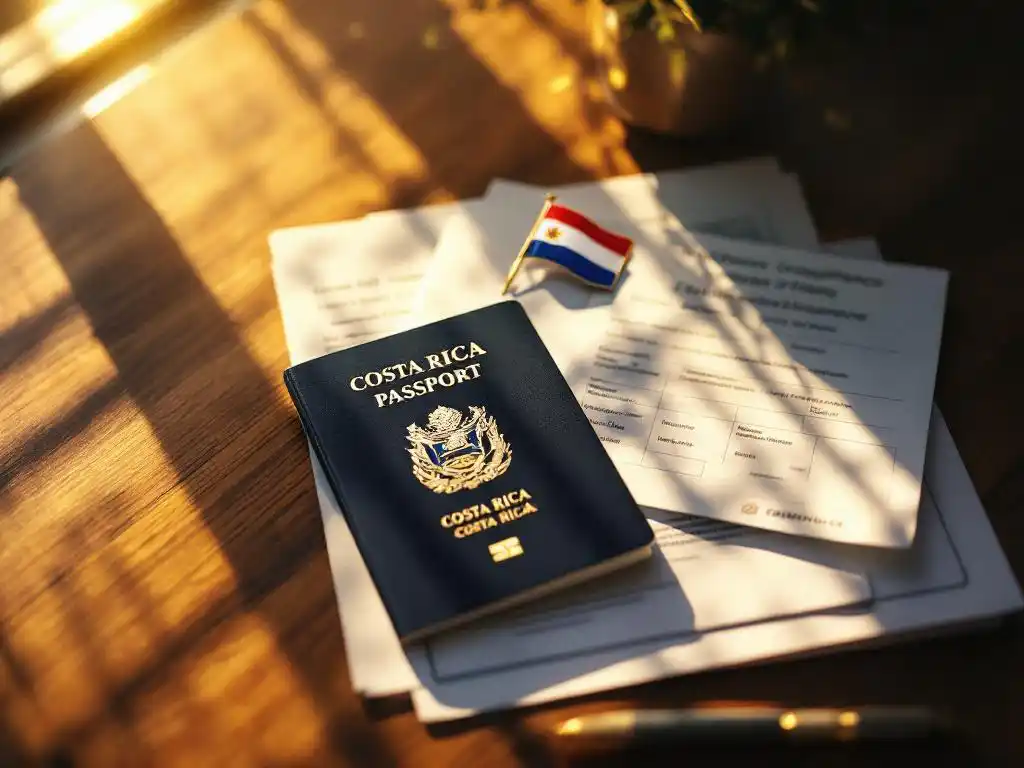 Reisdocumenten op houten bureau: open paspoort met Costa Rica stempels, vliegticket, vaccinatiebewijs en reisverzekering