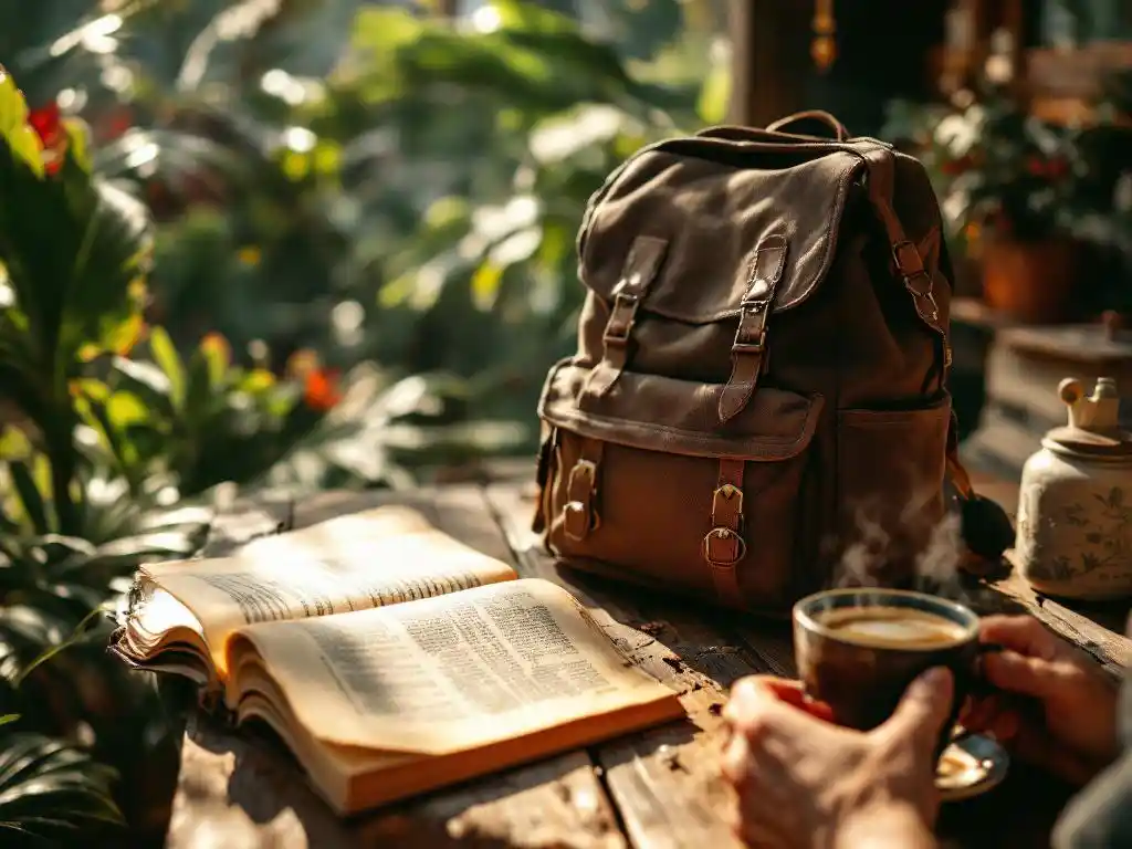 Reizigersrugzak en opengeslagen Costa Rica reisgids op houten tafel, koffiekop en tropische planten op achtergrond